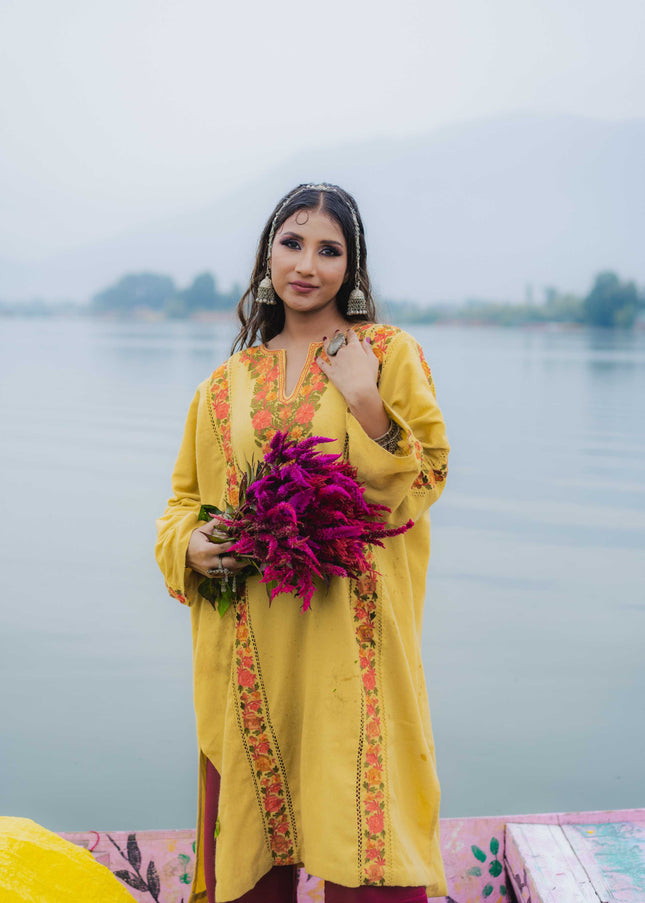 Kashmiri Aari Work Phiran - Yellow | Fringe - Kashmir Jama