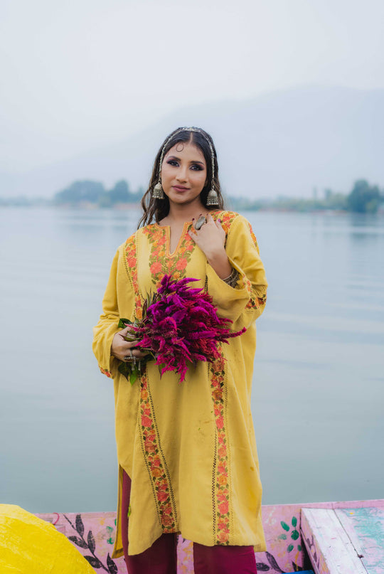 Kashmiri Aari Work Phiran - Yellow | Fringe - Kashmir Jama