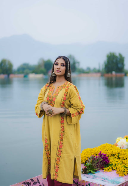 Kashmiri Aari Work Phiran - Yellow | Fringe - Kashmir Jama