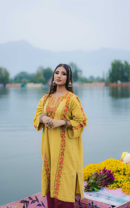 Kashmiri Aari Work Phiran - Yellow | Fringe - Kashmir Jama
