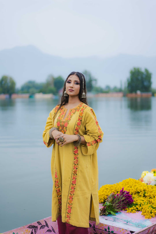 Kashmiri Aari Work Phiran - Yellow | Fringe - Kashmir Jama
