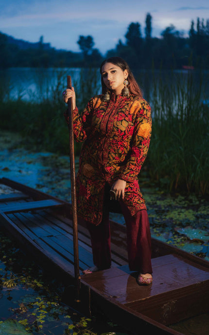 Kashmiri Jamawar Aari Work Jacket - Black | Pashm - Kashmir Jama