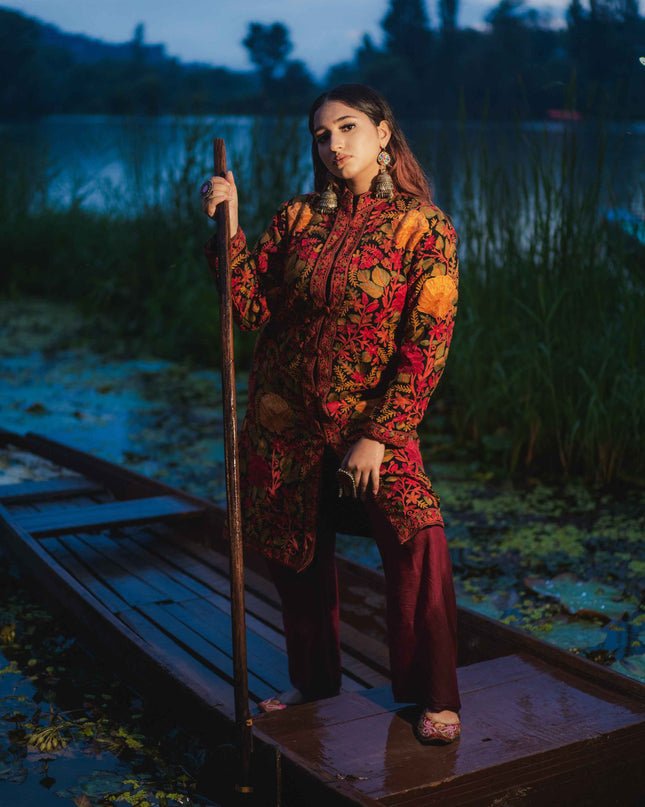 Kashmiri Jamawar Aari Work Jacket - Black | Pashm - Kashmir Jama