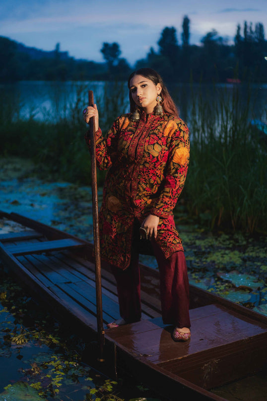 Kashmiri Jamawar Aari Work Jacket - Black | Pashm - Kashmir Jama