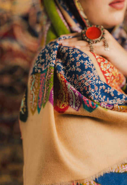 Kashmiri Kalamkari Sozni Shawl - Multi Colour | Handmade - Kashmir Jama