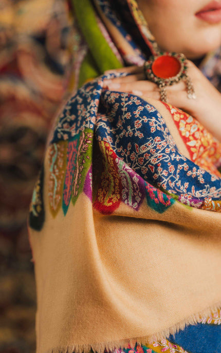 Kashmiri Kalamkari Sozni Shawl - Multi Colour | Handmade - Kashmir Jama