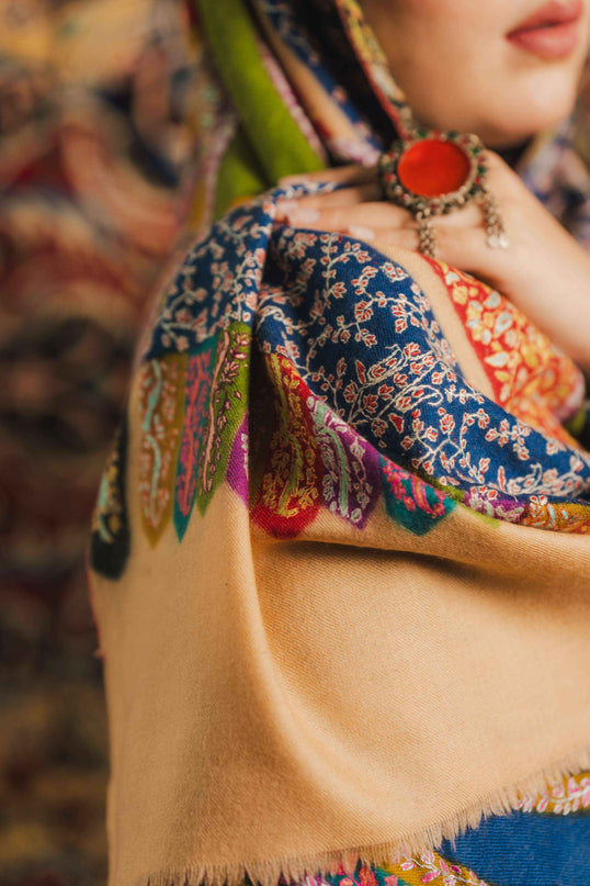 Kashmiri Kalamkari Sozni Shawl - Multi Colour | Handmade - Kashmir Jama
