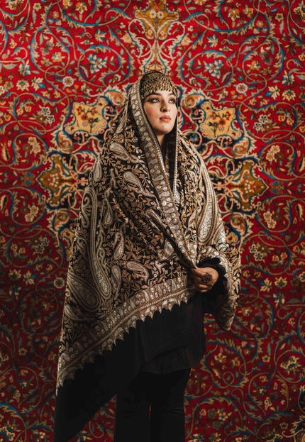 Kashmiri Tilla Embroidery Shawl - Black | Pashmina - Kashmir Jama