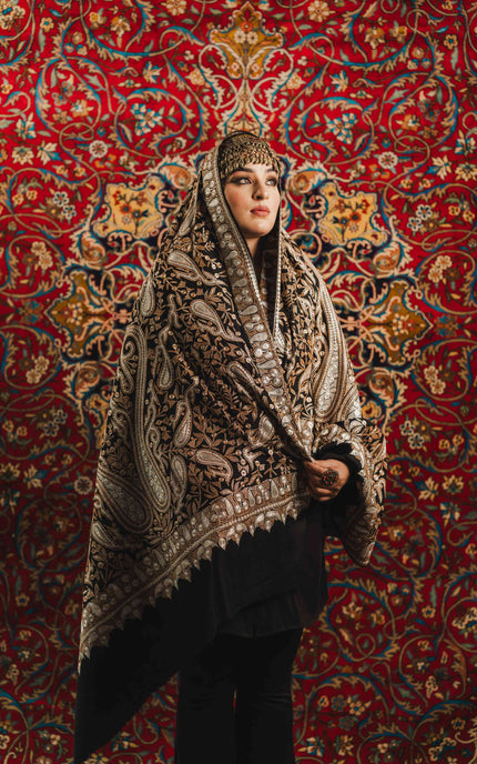 Kashmiri Tilla Embroidery Shawl - Black | Pashmina - Kashmir Jama
