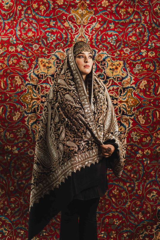 Kashmiri Tilla Embroidery Shawl - Black | Pashmina - Kashmir Jama