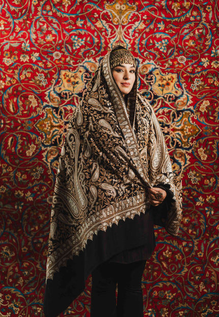 Kashmiri Tilla Embroidery Shawl - Black | Pashmina - Kashmir Jama