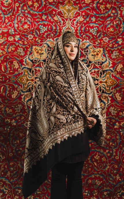 Kashmiri Tilla Embroidery Shawl - Black | Pashmina - Kashmir Jama