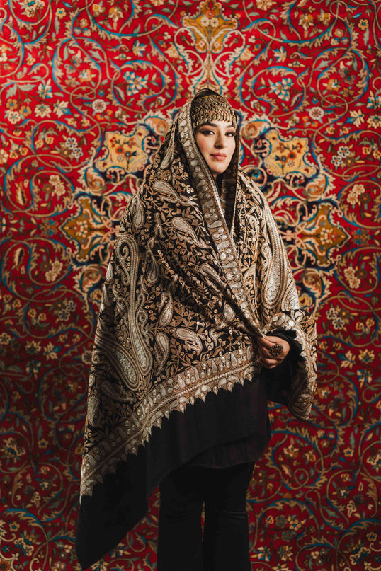Kashmiri Tilla Embroidery Shawl - Black | Pashmina - Kashmir Jama