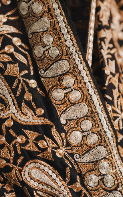 Kashmiri Tilla Embroidery Shawl - Black | Pashmina - Kashmir Jama