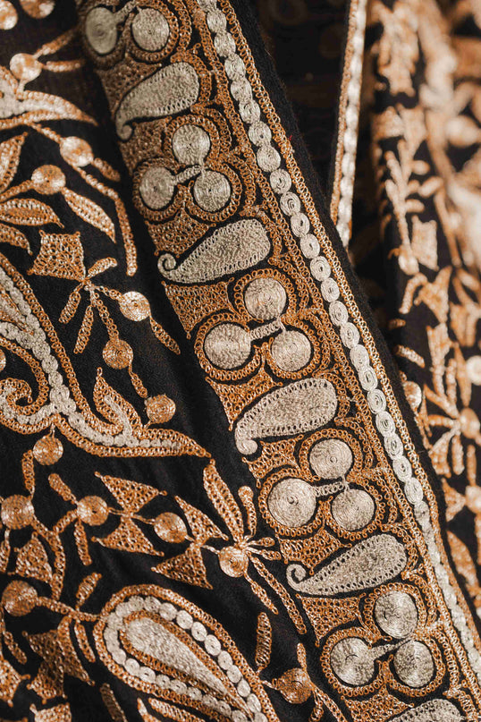 Kashmiri Tilla Embroidery Shawl - Black | Pashmina - Kashmir Jama
