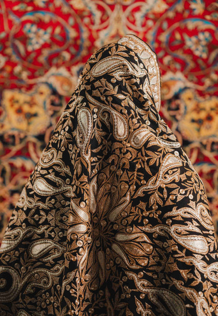 Kashmiri Tilla Embroidery Shawl - Black | Pashmina - Kashmir Jama