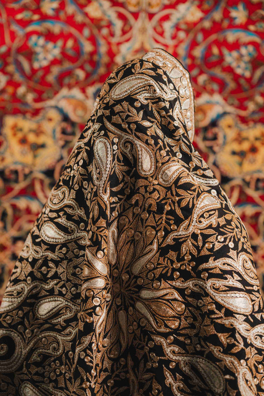 Kashmiri Tilla Embroidery Shawl - Black | Pashmina - Kashmir Jama