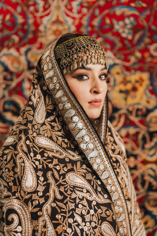 Kashmiri Tilla Embroidery Shawl - Black | Pashmina - Kashmir Jama