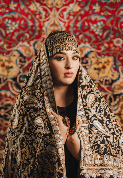 Kashmiri Tilla Embroidery Shawl - Black | Pashmina - Kashmir Jama