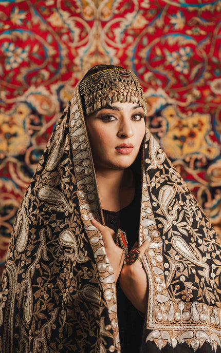 Kashmiri Tilla Embroidery Shawl - Black | Pashmina - Kashmir Jama