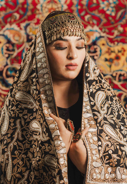 Kashmiri Tilla Embroidery Shawl - Black | Pashmina - Kashmir Jama