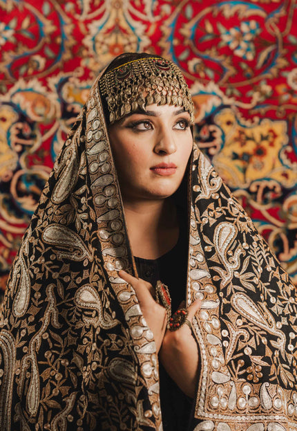 Kashmiri Tilla Embroidery Shawl - Black | Pashmina - Kashmir Jama
