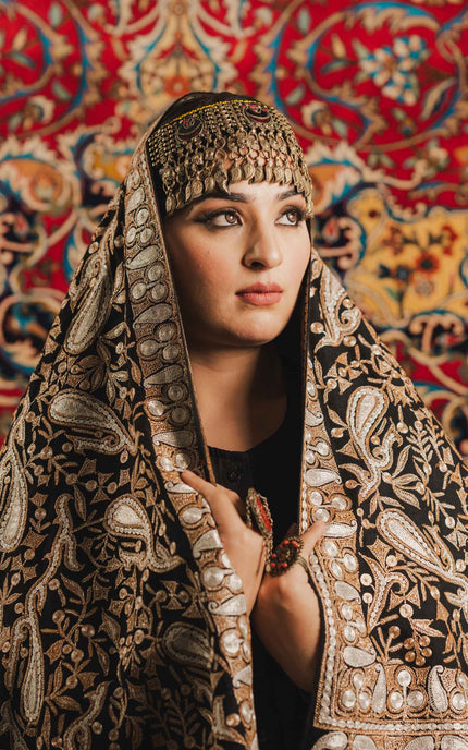 Kashmiri Tilla Embroidery Shawl - Black | Pashmina - Kashmir Jama