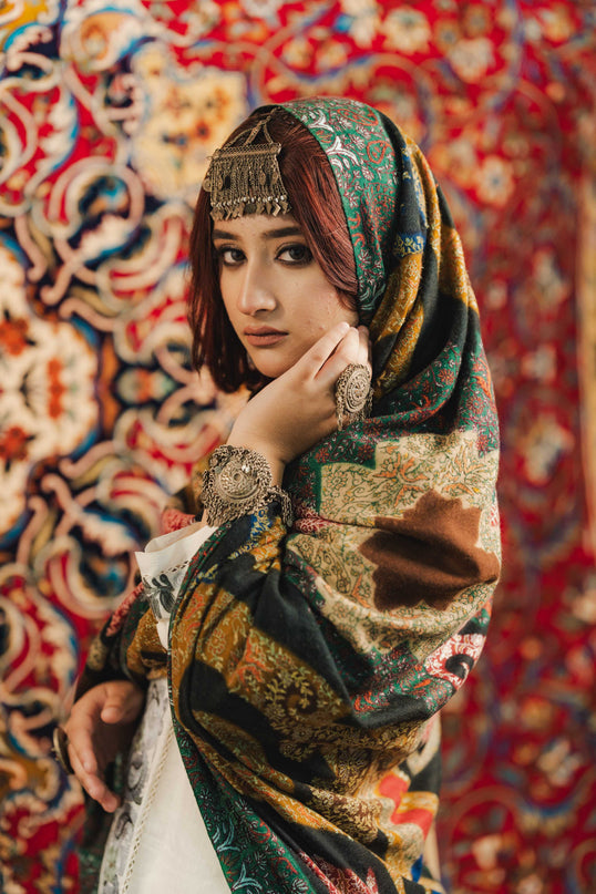 Kalamkari Sozni Multi Colour Black Merino Shawl - Double - Kashmir Jama