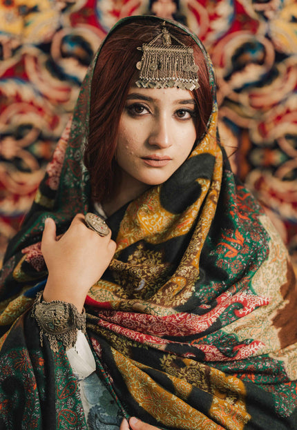 Kalamkari Sozni Multi Colour Black Merino Shawl - Double - Kashmir Jama