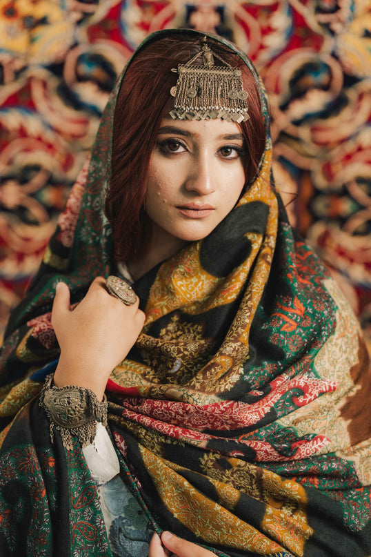 Kalamkari Sozni Multi Colour Black Merino Shawl - Double - Kashmir Jama