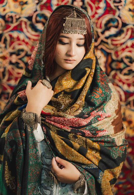 Kalamkari Sozni Multi Colour Black Merino Shawl - Double - Kashmir Jama