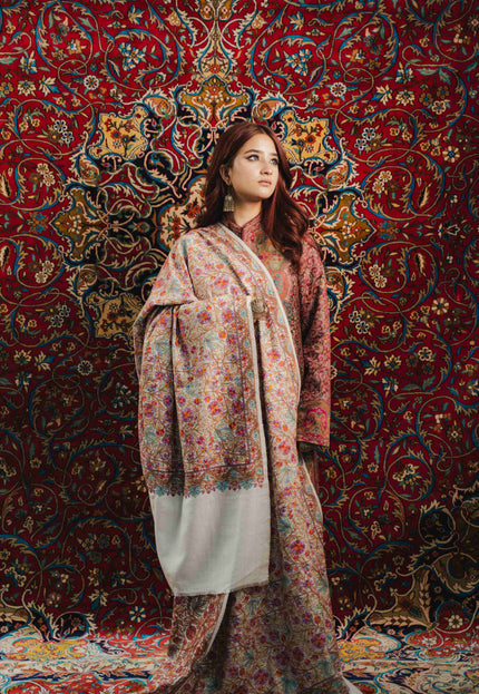 Kashmiri Sozni Jamawar Shawl - White | Paper Machie - Kashmir Jama