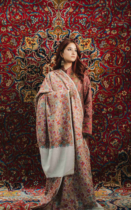 Kashmiri Sozni Jamawar Shawl - White | Paper Machie - Kashmir Jama