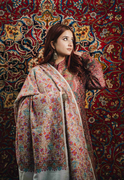 Kashmiri Sozni Jamawar Shawl - White | Paper Machie - Kashmir Jama