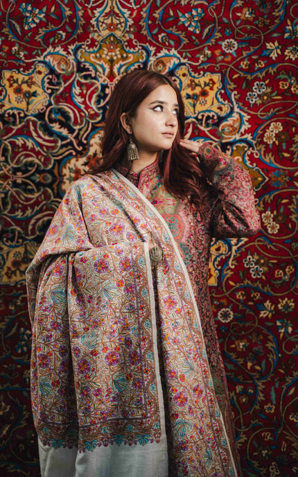 Kashmiri Sozni Jamawar Shawl - White | Paper Machie - Kashmir Jama