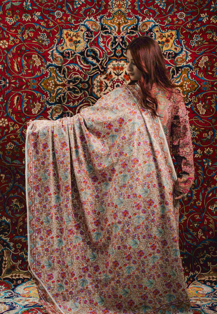 Kashmiri Sozni Jamawar Shawl - White | Paper Machie - Kashmir Jama