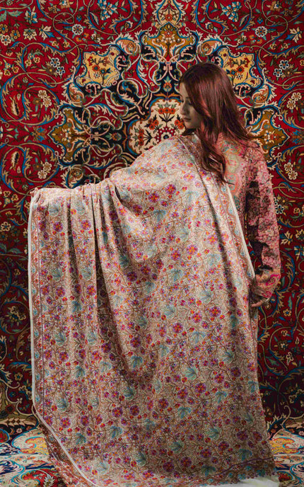 Kashmiri Sozni Jamawar Shawl - White | Paper Machie - Kashmir Jama