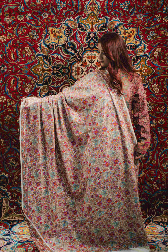 Kashmiri Sozni Jamawar Shawl - White | Paper Machie - Kashmir Jama