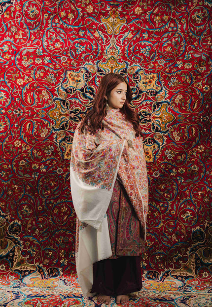 Kashmiri Sozni Jamawar Shawl - White | Paper Machie - Kashmir Jama
