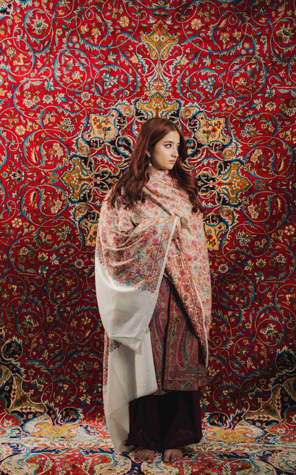 Kashmiri Sozni Jamawar Shawl - White | Paper Machie - Kashmir Jama