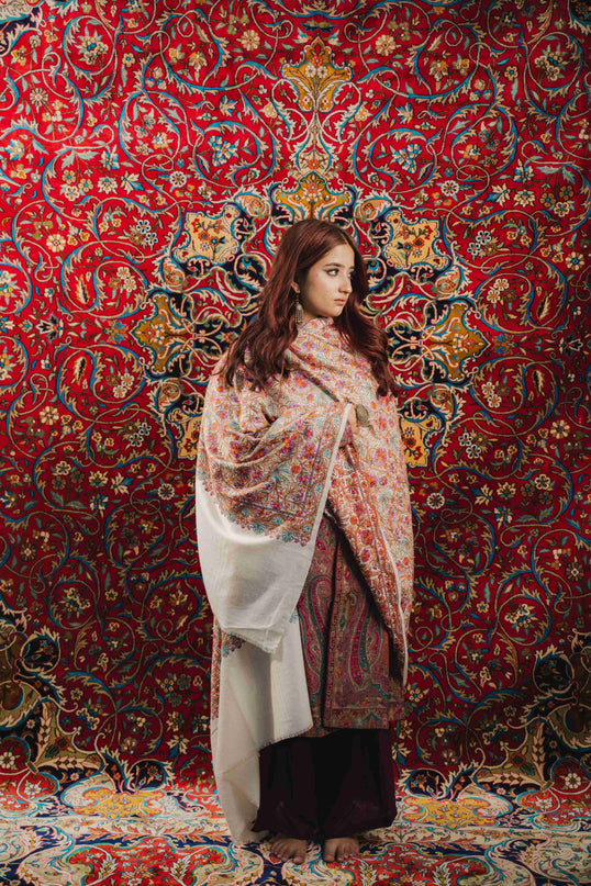 Kashmiri Sozni Jamawar Shawl - White | Paper Machie - Kashmir Jama