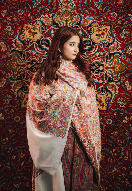 Kashmiri Sozni Jamawar Shawl - White | Paper Machie - Kashmir Jama