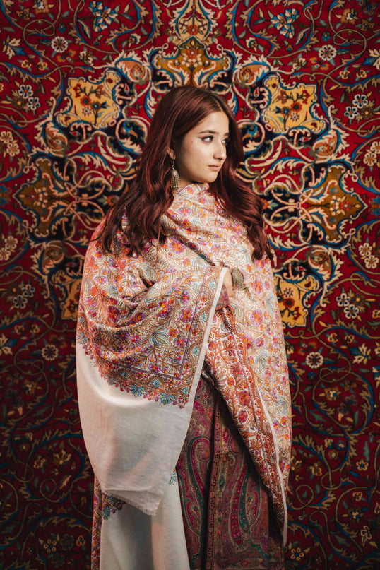 Kashmiri Sozni Jamawar Shawl - White | Paper Machie - Kashmir Jama