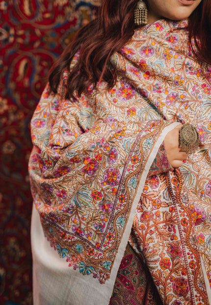Kashmiri Sozni Jamawar Shawl - White | Paper Machie - Kashmir Jama