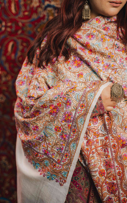Kashmiri Sozni Jamawar Shawl - White | Paper Machie - Kashmir Jama