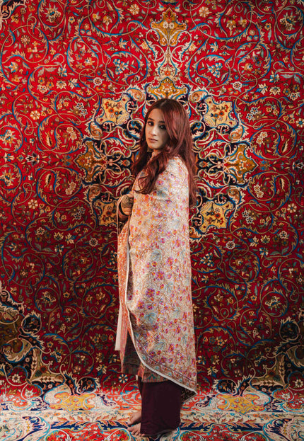 Kashmiri Sozni Jamawar Shawl - White | Paper Machie - Kashmir Jama