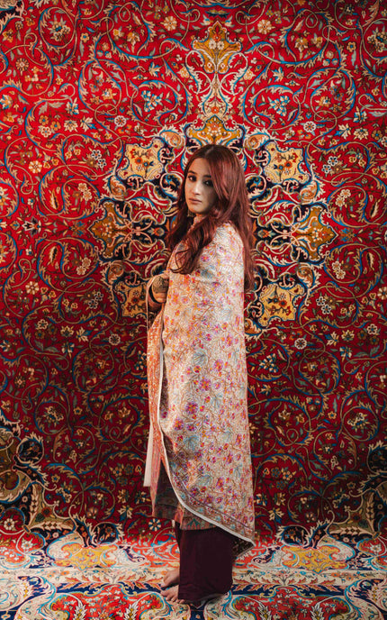 Kashmiri Sozni Jamawar Shawl - White | Paper Machie - Kashmir Jama