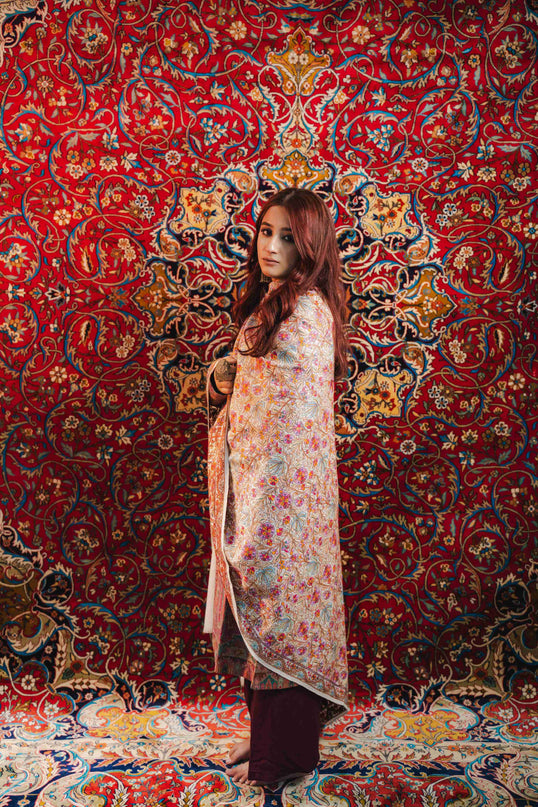 Kashmiri Sozni Jamawar Shawl - White | Paper Machie - Kashmir Jama