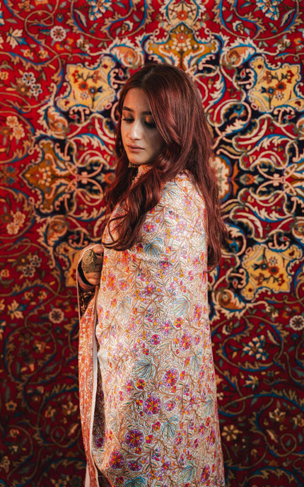 Kashmiri Sozni Jamawar Shawl - White | Paper Machie - Kashmir Jama