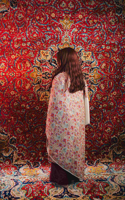 Kashmiri Sozni Jamawar Shawl - White | Paper Machie - Kashmir Jama